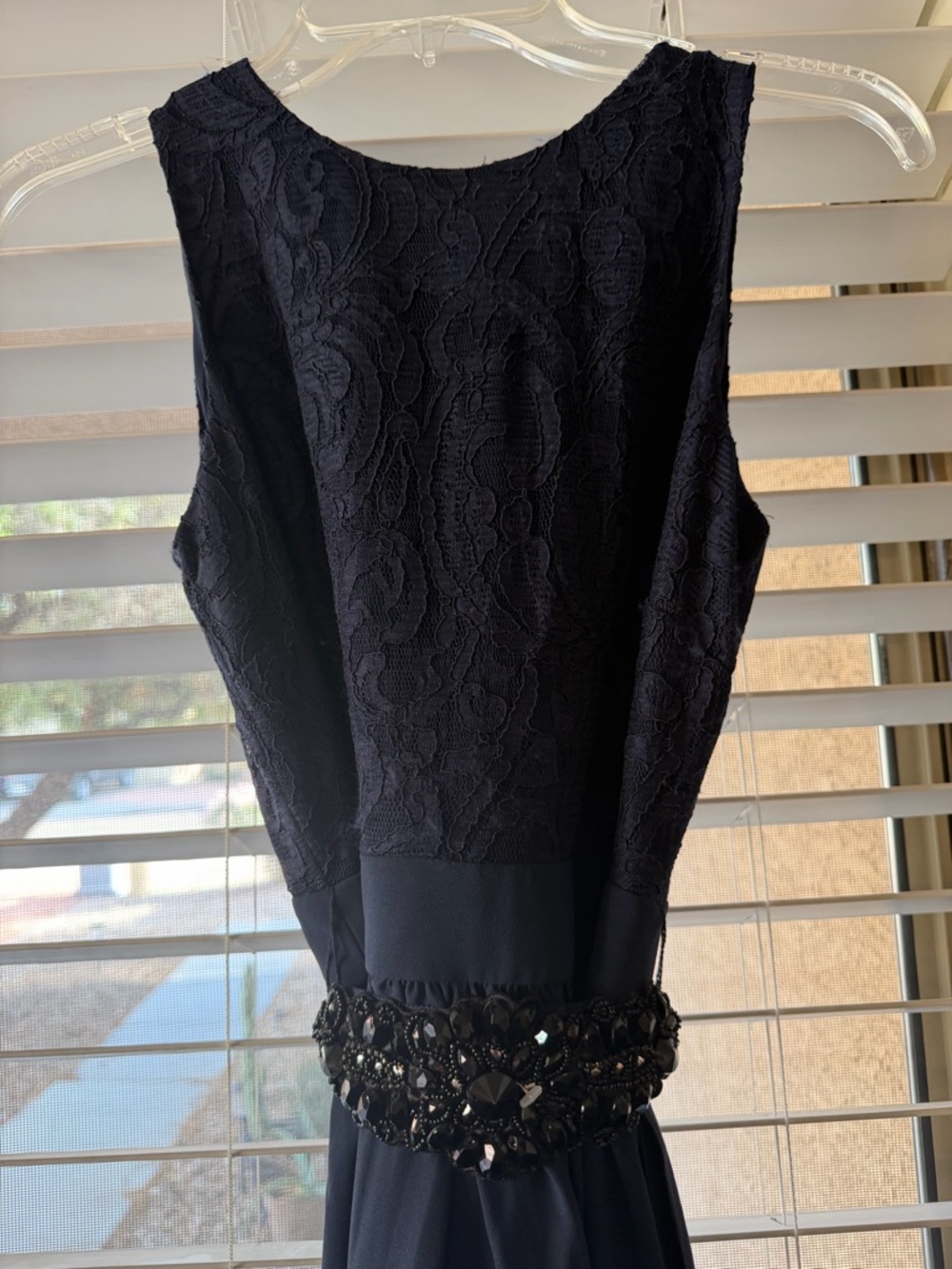Badgley Mischka Black Lace Maxi Dress with Beaded Waist